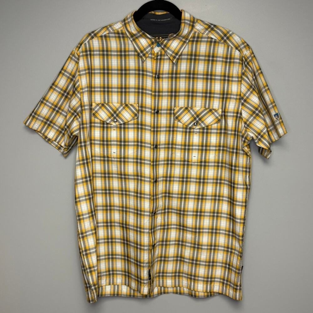 Kuhl Yellow Plaid‎ Gorpcore Outdoor Hiking Western Pearl Snap Shirt Mens Sz L